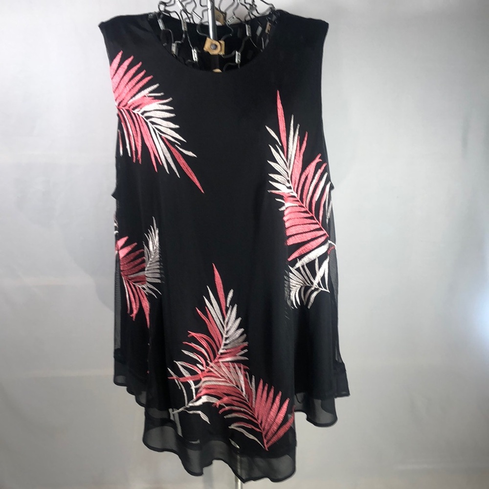 NWOT Stunning Black Sheer w/ Pink & White Embroidery Sleeveless Blouse  3X
